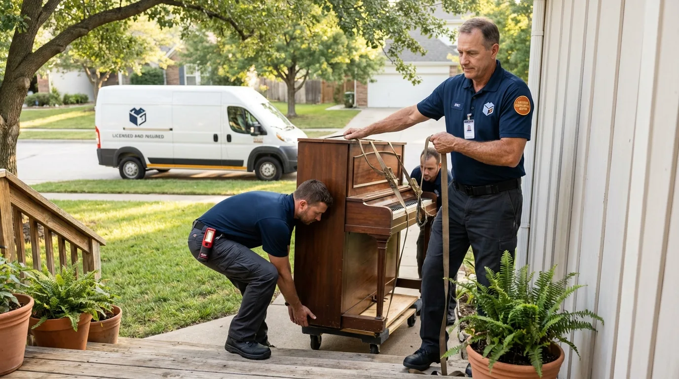 Licensed piano movers securing grand piano in Ainsworth, NE