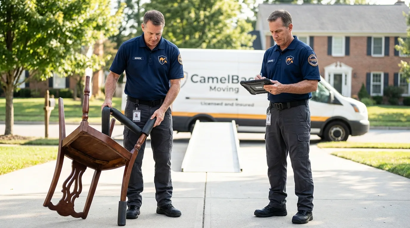 Movers inspecting furniture for damage prevention before loading in Ainsworth, NE
