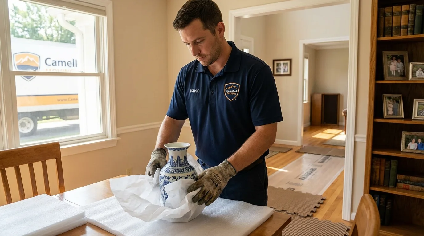Professional crew carefully wrapping antique vase for senior downsizing move in Ainsworth, NE